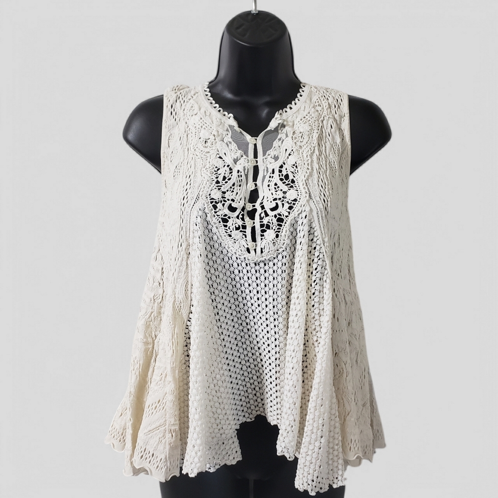 High‎ Everyday Couture Floral Crochet Lace Sleeveless Top Ivory Boho Coquette Sm